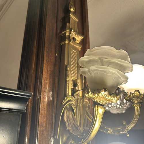Set of 2 large brass wall sconces with ornate glass shades vintage used