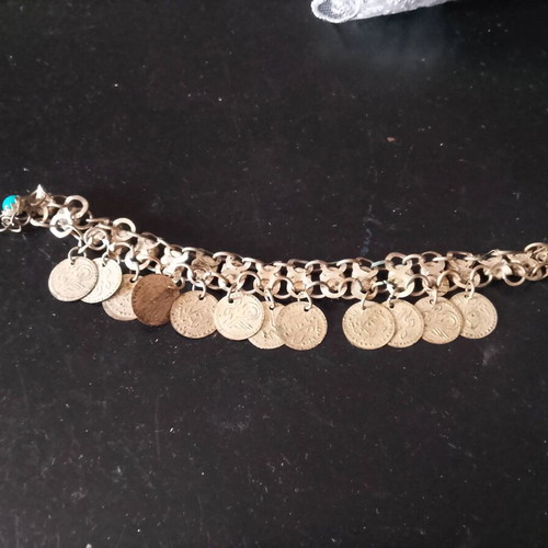 Antique children's talisman with Turkish coins and turquoise stones used