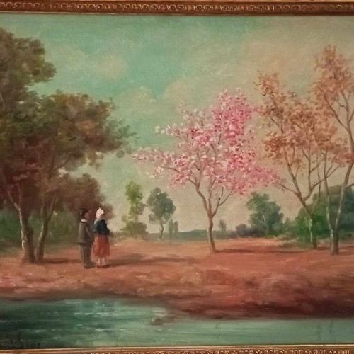 A. Lefkadios oil painting on canvas with unique frame in excellent condition