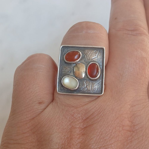 925 silver ring with 585 detail, carnelian and moonstone, 17 mm
