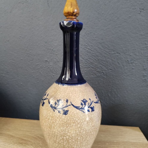 Vintage ceramic jug carafe used, blue-beige with wooden stopper
