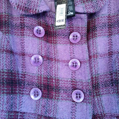 Fullah Sugah checked coat new, size medium, purple-magenta