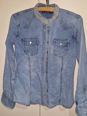 Sixtie shirt with pearls like new, turquoise, slim fit