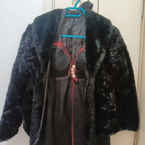 Women's handmade dress with short coat, velvet scarf and bag, black and red, S-M