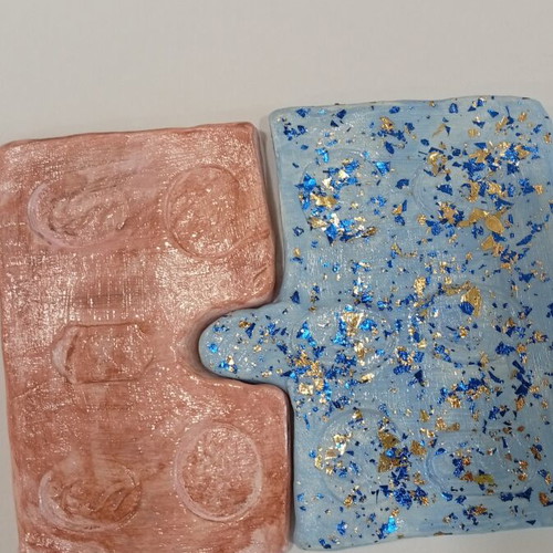 Handmade ceramic puzzle coaster new, gold leaf and blue details