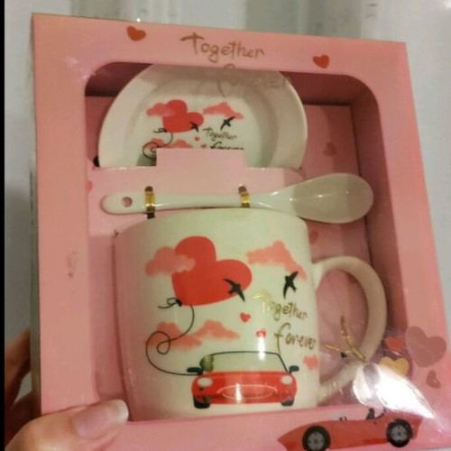 Love ceramic mug set new with spoon and saucer