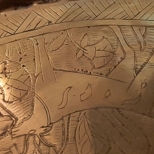 Bronze tray used with Egyptian designs and folding wooden stand