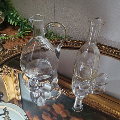 Vintage French glass cruet set for oil and vinegar with ground stoppers
