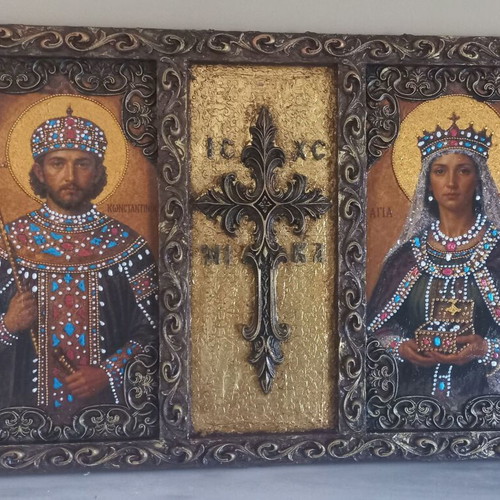 Handmade religious icon on wood Saint Constantine and Saint Helen 47×32 cm new