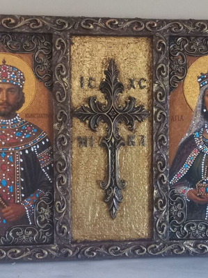 Handmade religious icon on wood Saint Constantine and Saint Helen 47×32 cm new