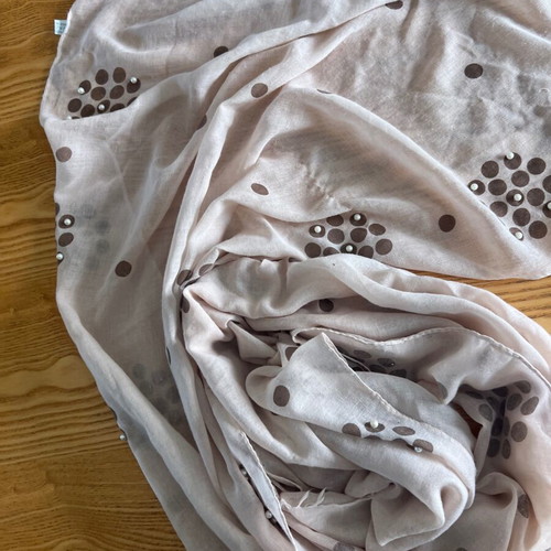 Large women's viscose scarf with pearls, beige and brown