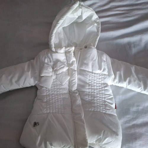 White Miss Ebita baby jacket like new with hood for 9-month girl