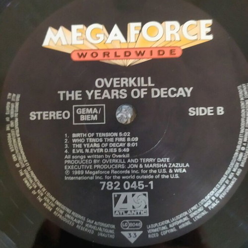 Overkill The Years Of Decay Vinyl LP album used, metal