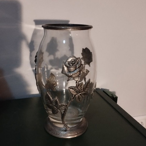 Vintage decorative vase with embossed roses tin/alpaca, 24cm