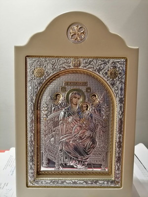 Επάργυρη εικόνα Παναγίας Παντάνασσας καινούργια με ξύλινη βάση