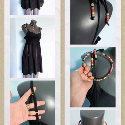 Tally Weil black cotton dress used with sequin embroidery and adjustable straps
