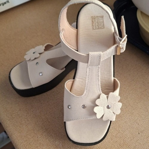 Platform sandals new, beige with flower decoration