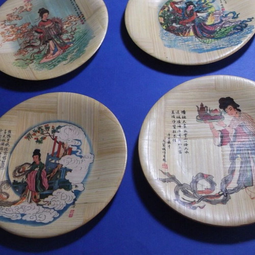Bamboo coasters used, set of 6, hand-painted vintage from Taiwan