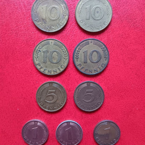 Lot of 10 coins of 1 mark and 10, 5 and 1 pfennig of Germany