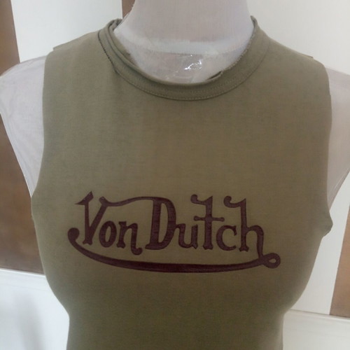 Von Dutch tank top vintage Y2K rare, like new, khaki with split-back hem