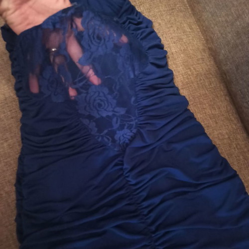 Evening dress used, blue with lace and ruching