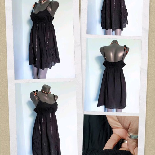 Tally Weil black cotton dress used with sequin embroidery and adjustable straps