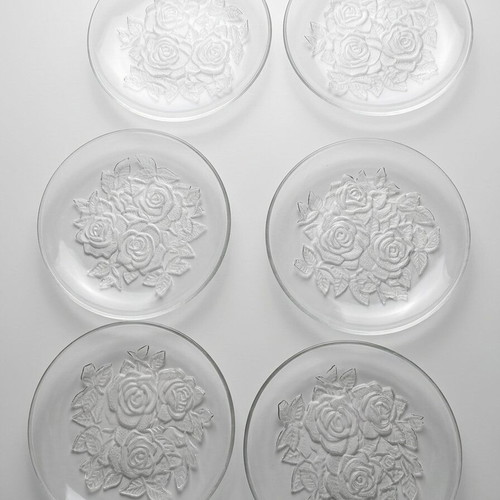 Set of 6 glass plates new with carved rose design