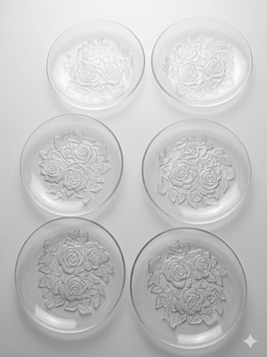 Set of 6 glass plates new with carved rose design