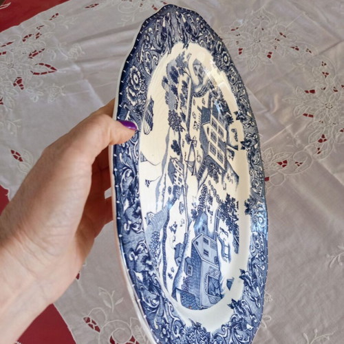 Oval serving platter used, blue and white porcelain Made in Japan