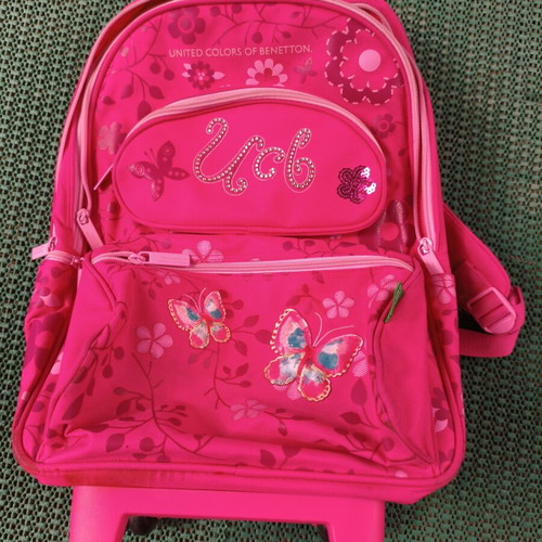 United Colors of Benetton school trolley bag, fuchsia with floral and butterfly design
