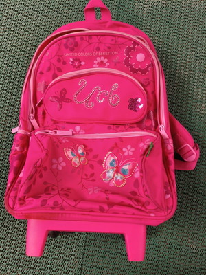 United Colors of Benetton school trolley bag, fuchsia with floral and butterfly design