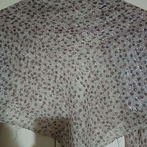 Square beige scarf like new with brown pattern and silver thread