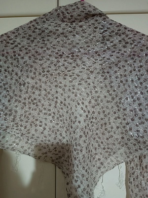 Square beige scarf like new with brown pattern and silver thread