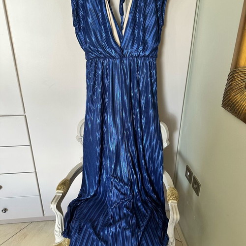 Satin blue dress with beige lining, open back and side slit, new