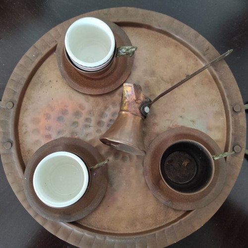 Copper coffee serving tray with cups and cezve set new