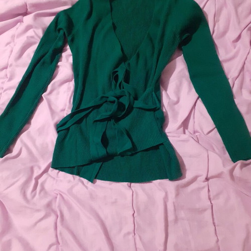 Knitted green blouse with neckline and waist tie new, size S