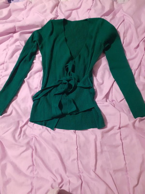 Knitted green blouse with neckline and waist tie new, size S