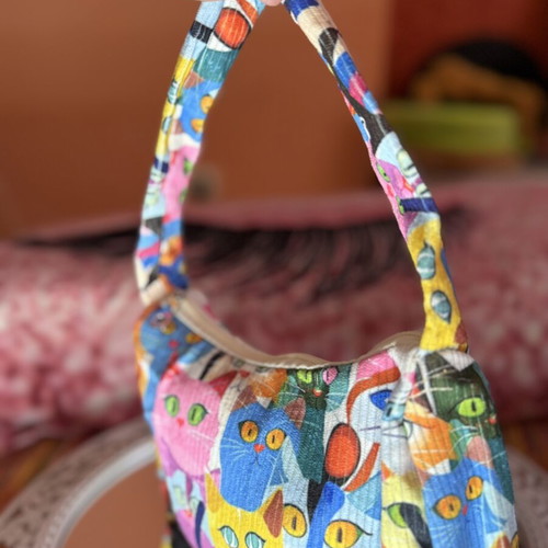 Handmade shoulder bag with colorful cat print, like new