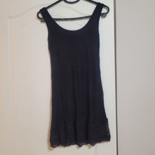 Black long tank top with lace trim, size medium