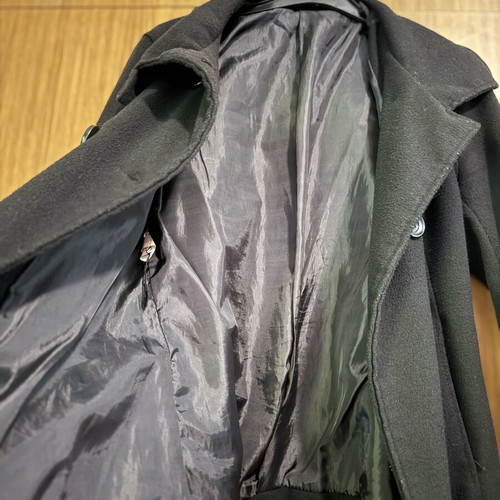 Short black pea coat with double button and waist belt, size M