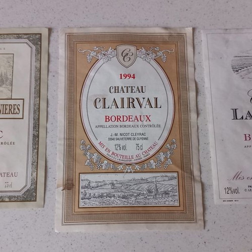 Chateau Les Moulinieres 1995, Chateau Larchery 1998, Chateau Clairval 1994 labels used