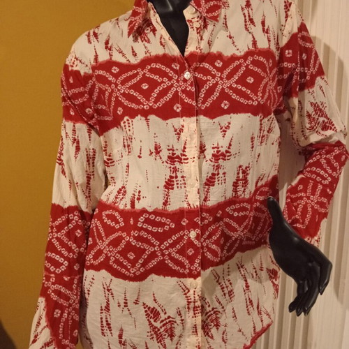 Long-sleeve thin cotton shirt, UK 18, red and cream