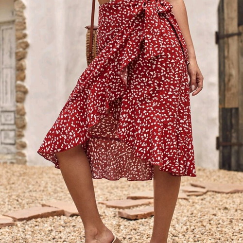 Red Ditsy Floral Side Tie Ruffle Wrap Skirt M 38 like new
