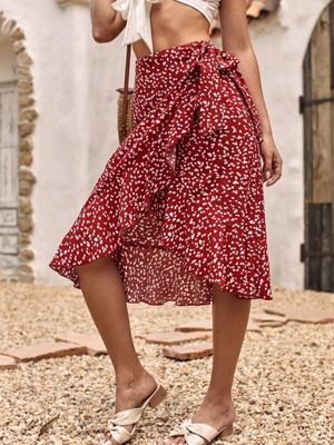 Red Ditsy Floral Side Tie Ruffle Wrap Skirt M 38 like new