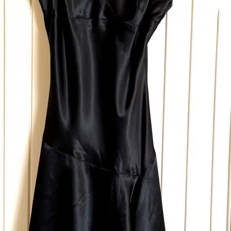 Satin dress asymmetrical used, black with flower detail