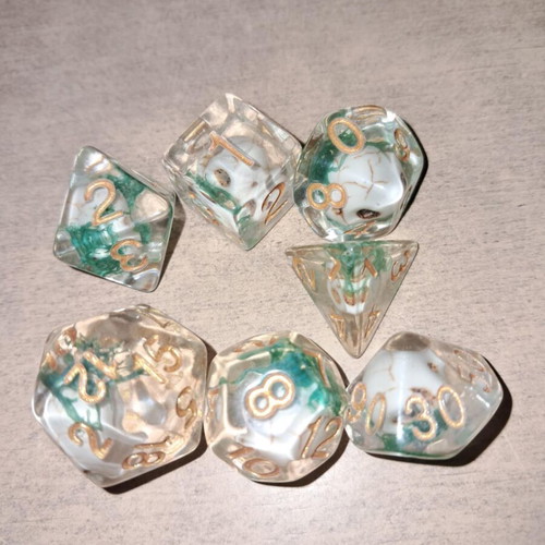 Skull with green leaf D&D dice set with bag