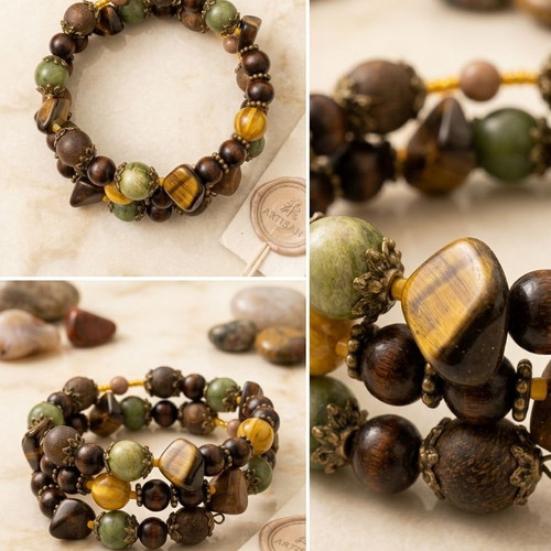 Boho Gemstone Bracelet New with Tiger’s Eye and Green Jade