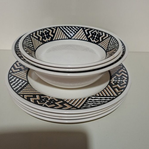 Vintage dinnerware set of 7 pieces with geometric black and brown pattern, like new