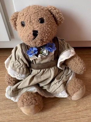 Vintage teddy bear German plush toy 20 cm with dress used