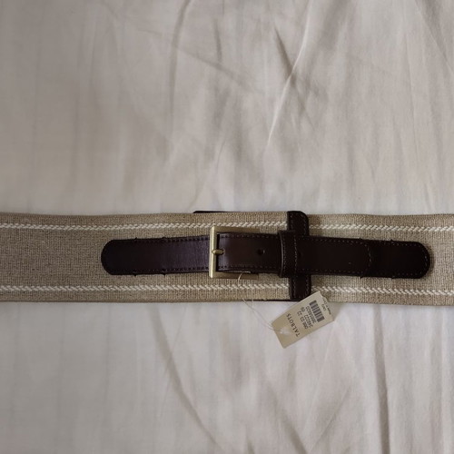 Real leather belt with linen fabric new, beige and brown